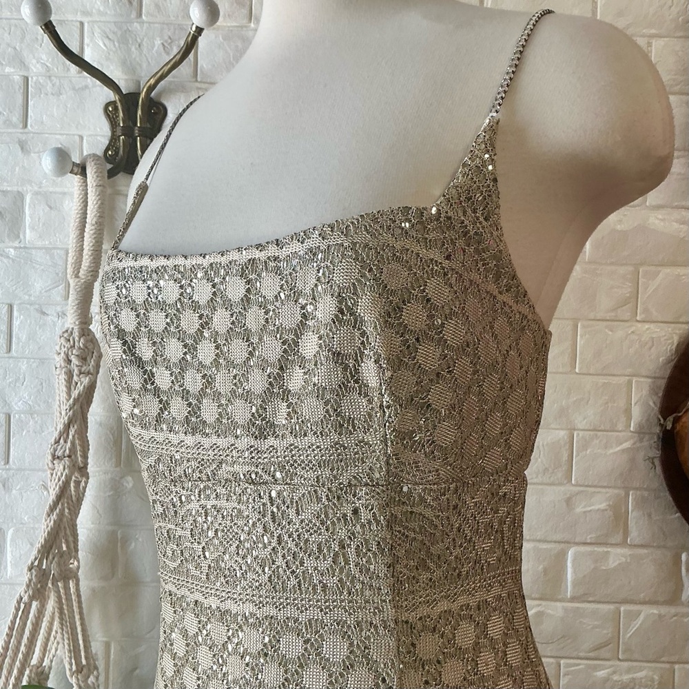 Vintage 90s Y2K Michelangelo Rhinestone Spaghetti Strap Gold Crochet Sequin Gown - Picture 5 of 14